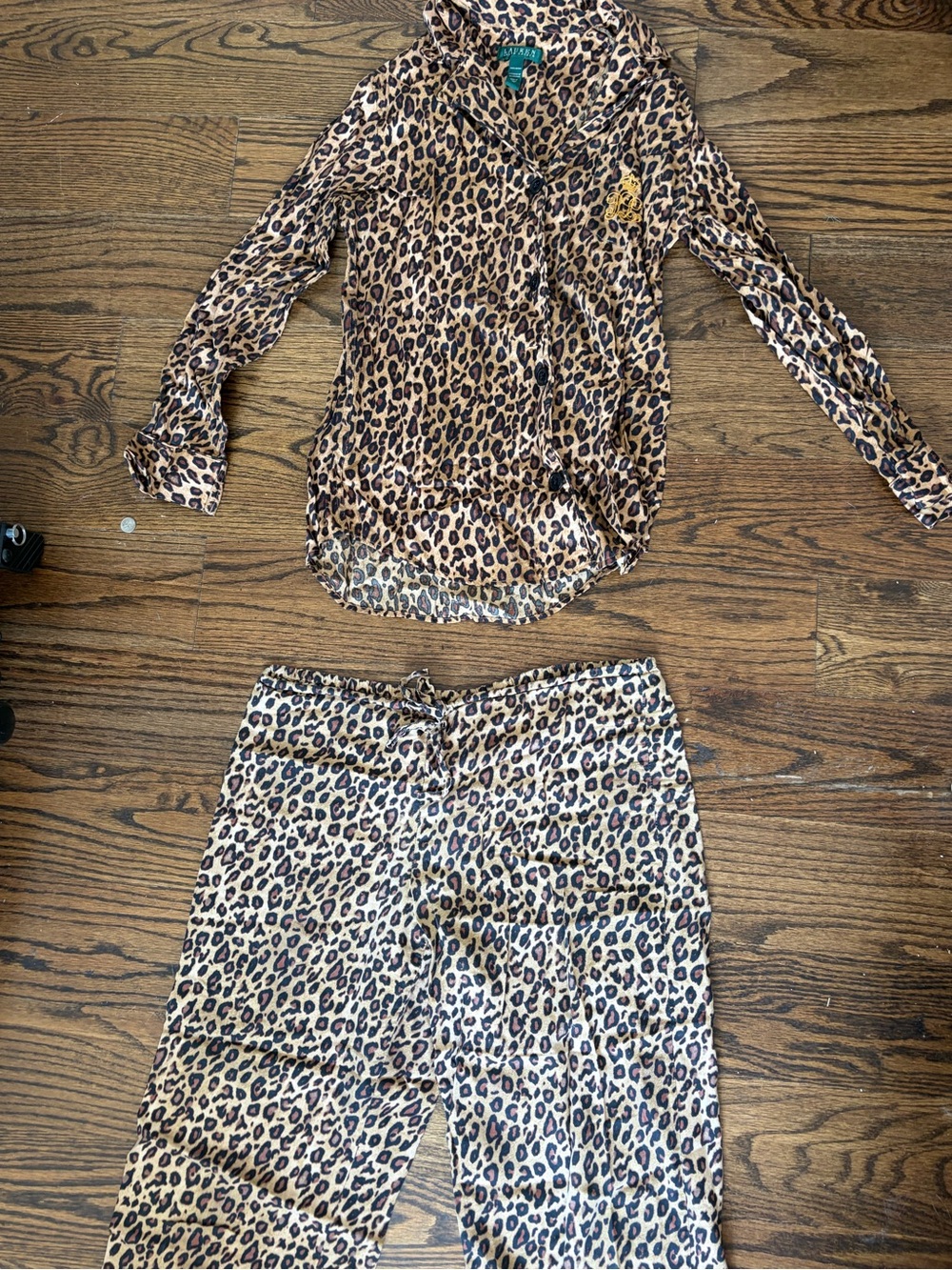 Ralph Lauren Brown and Black Leopard Print Button-Down Top and Pant Pajama Set